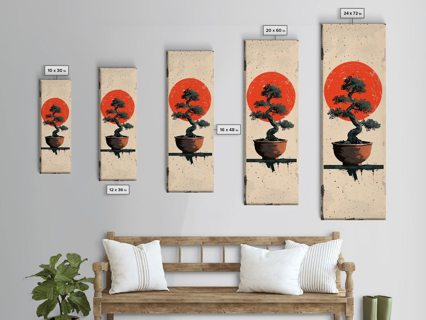 Canvas Print Bonsai Tree Silhouette Against Red Sun, Minimalistic Japanese Style Art For Modern Home, Wall Decoration