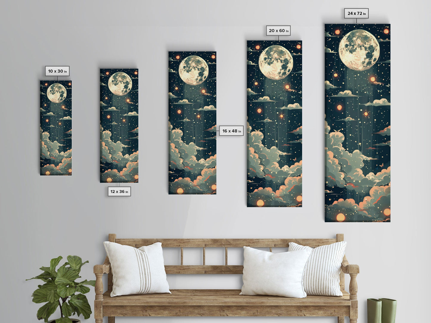 Moonlit Night With Japanese Lanterns Art On Framed Canvas Print In Ukiyo-e Style Tall Skinny Ethereal Wood Block Wall Decor
