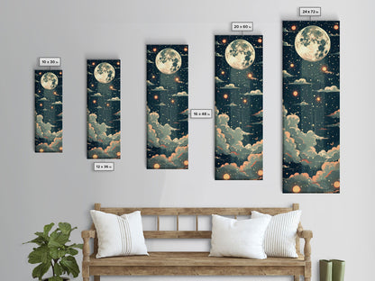 Moonlit Night With Japanese Lanterns Art On Framed Canvas Print In Ukiyo-e Style Tall Skinny Ethereal Wood Block Wall Decor
