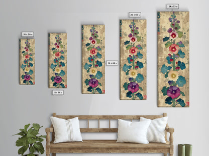 Colorful Hollyhock Flowers Traditional Japanese Woodblock Style Tall Skinny Framed Canvas Print Wall Art
