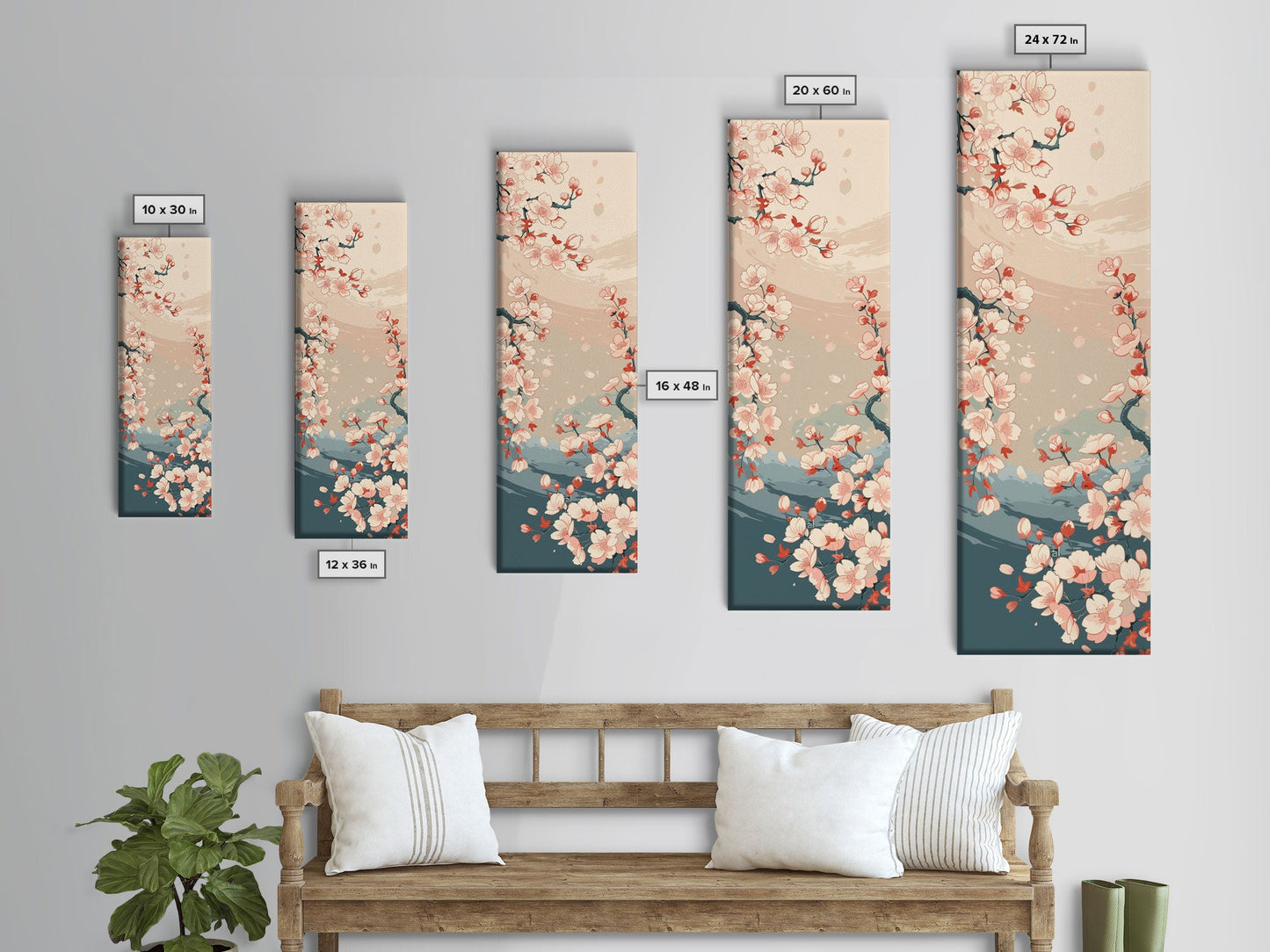 Cherry Blossom Branches Pale Background Japanese Style Tall Skinny Framed Canvas Print Wall Art