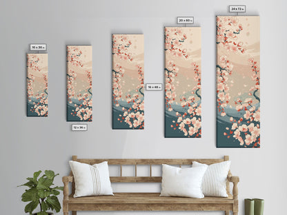 Cherry Blossom Branches Pale Background Japanese Style Tall Skinny Framed Canvas Print Wall Art