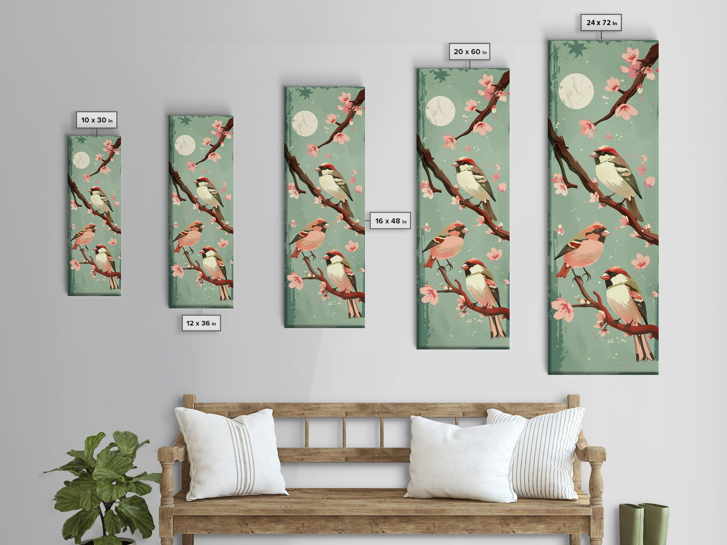 Delicate Sparrows Perched On Cherry Blossoms Under Full Moon Serene Nighttime Setting Captured Tall Framed Canvas Print Nature Scene