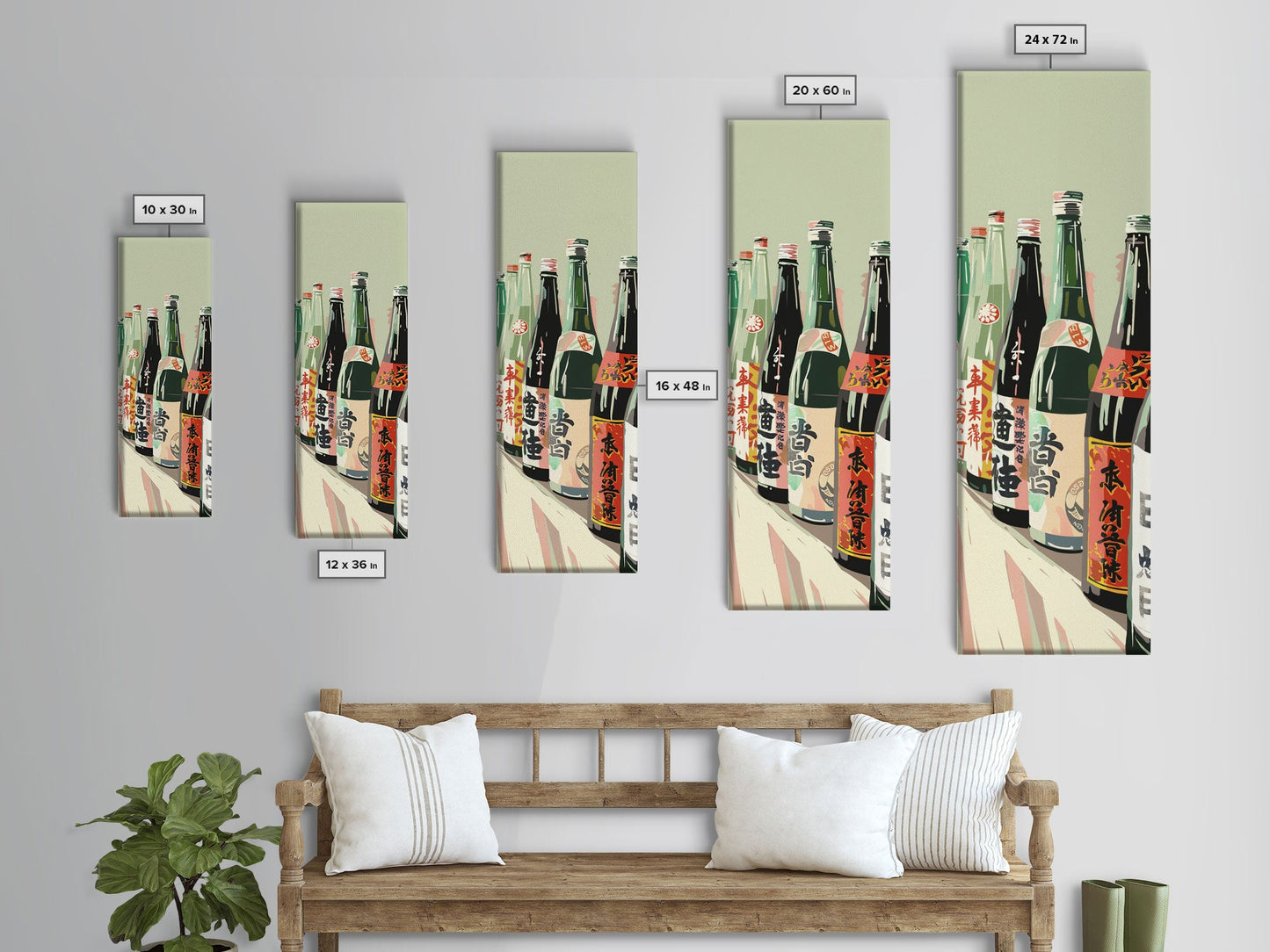 Array Of Japanese Sake Bottles With Minimalistic Labels Arranged Simple Composition Captured Tall Framed Canvas Print Bar Decor