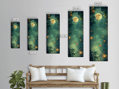 Enchanting Fireflies Illuminating Nighttime Forest Scene Under Full Moon Tall Framed Canvas Print Adding Magical Touch
