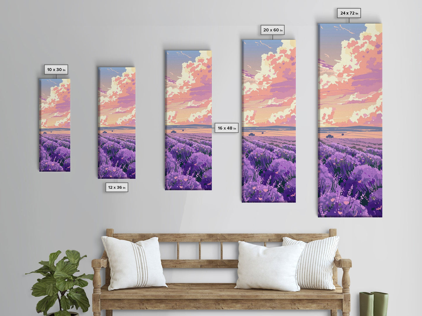 Expansive Lavender Field Beneath a Dramatic Cloudy Sky in Warm Pastel Hues Ukiyo-e Art Japanese Framed Canvas Print Skinny Tall Art
