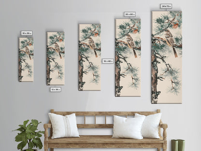 Canvas Print Sparrow Perched On Pine Tree Branch, Subtle And Serene Japanese Nature Scene For Tranquil Home Decor, Wall Decoration