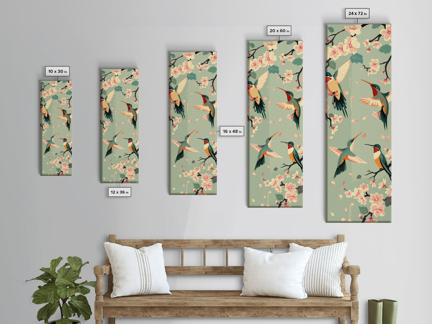 Hummingbirds And Cherry Blossoms In Japanese Style Canvas, Ukiyo-e Inspired Woodblock Art, Framed Canvas Print, Japanese Tall Skinny Wall Art, Ready To Hang