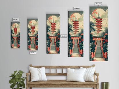 Japanese Style Art, Tall Art, Skinny Art, Pagoda Temple Wood Block Print Framed Canvas Print Ukiyo-e Art