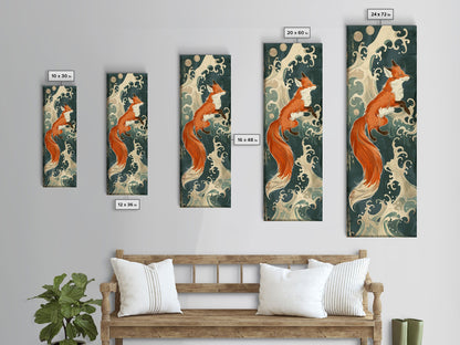 Japanese Style Art Depicting A Fox In Motion Against A Backdrop Of Foamy Waves, Skinny Art, Tall Art, Ukiyo-e Art, Framed Canvas Print, Wood Block Print