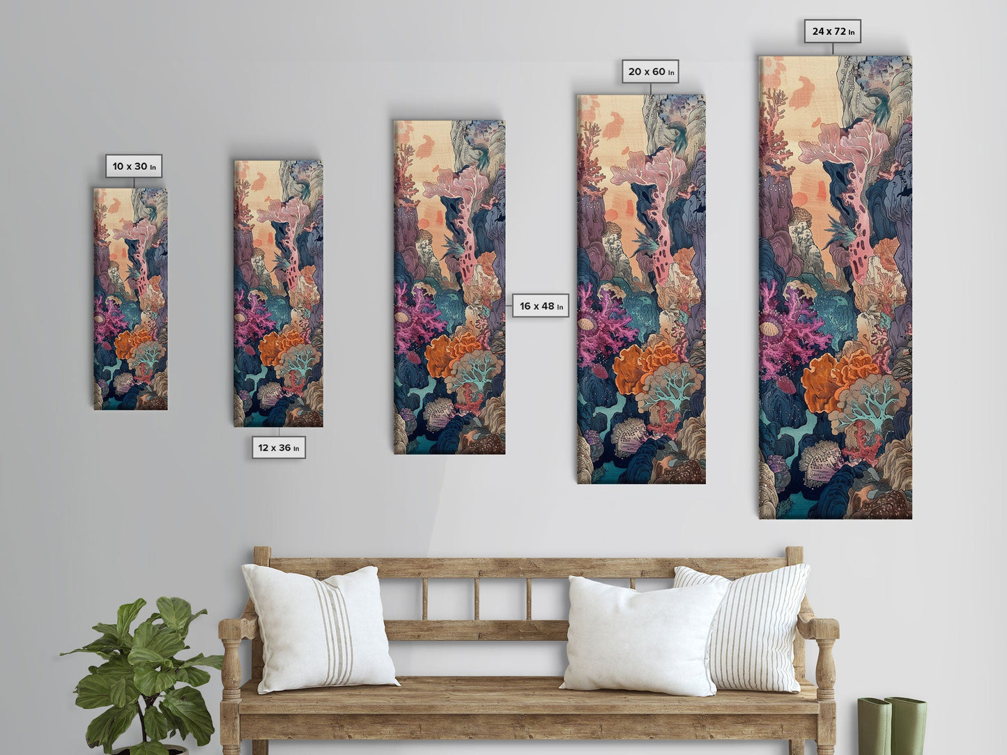 Framed Canvas Print Of A Coral Reef Scene Filled With Vibrant Marine Life, Skinny Art, Tall Art, Japanese Style Art, Ukiyo-e Art, Wood Block Print
