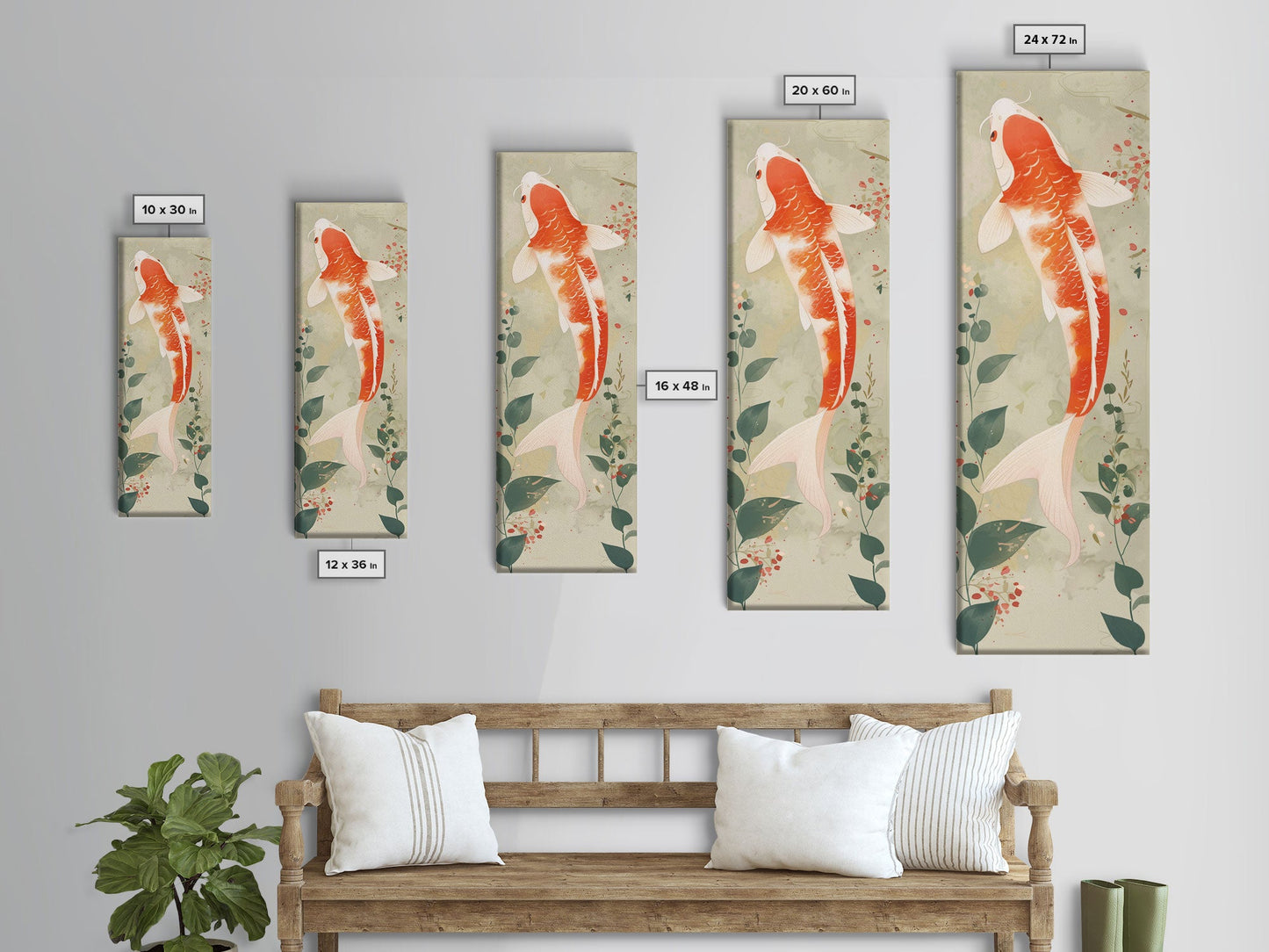 Koi Fish Swimming Gracefully Among Greenery Tall Art Ukiyo-e Art Framed Canvas Print