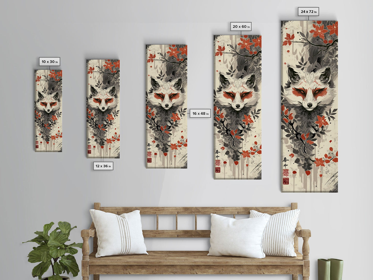 Fox Head Amidst Red Flowers On Textured Background Skinny Art Wood Block Print Framed Canvas Print