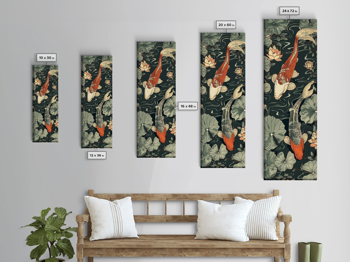 Koi Fish Swimming Gracefully Among Lotus Flowers – Framed Canvas Print Highlighting Skinny Art And Tall Art In Ukiyo-E Art And Japanese Style Art