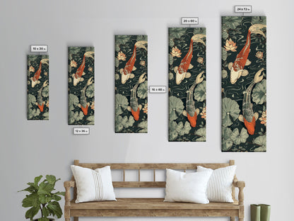 Koi Fish Swimming Gracefully Among Lotus Flowers – Framed Canvas Print Highlighting Skinny Art And Tall Art In Ukiyo-E Art And Japanese Style Art