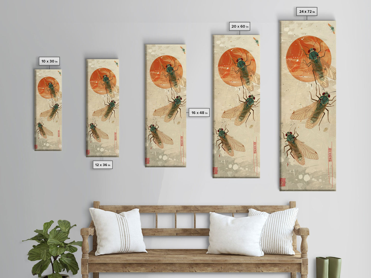 Detailed Depiction Of Cicadas Against Warm Sunset Background Ukiyo-e Skinny Tall Wood Block Framed Canvas Print Japanese Style Art