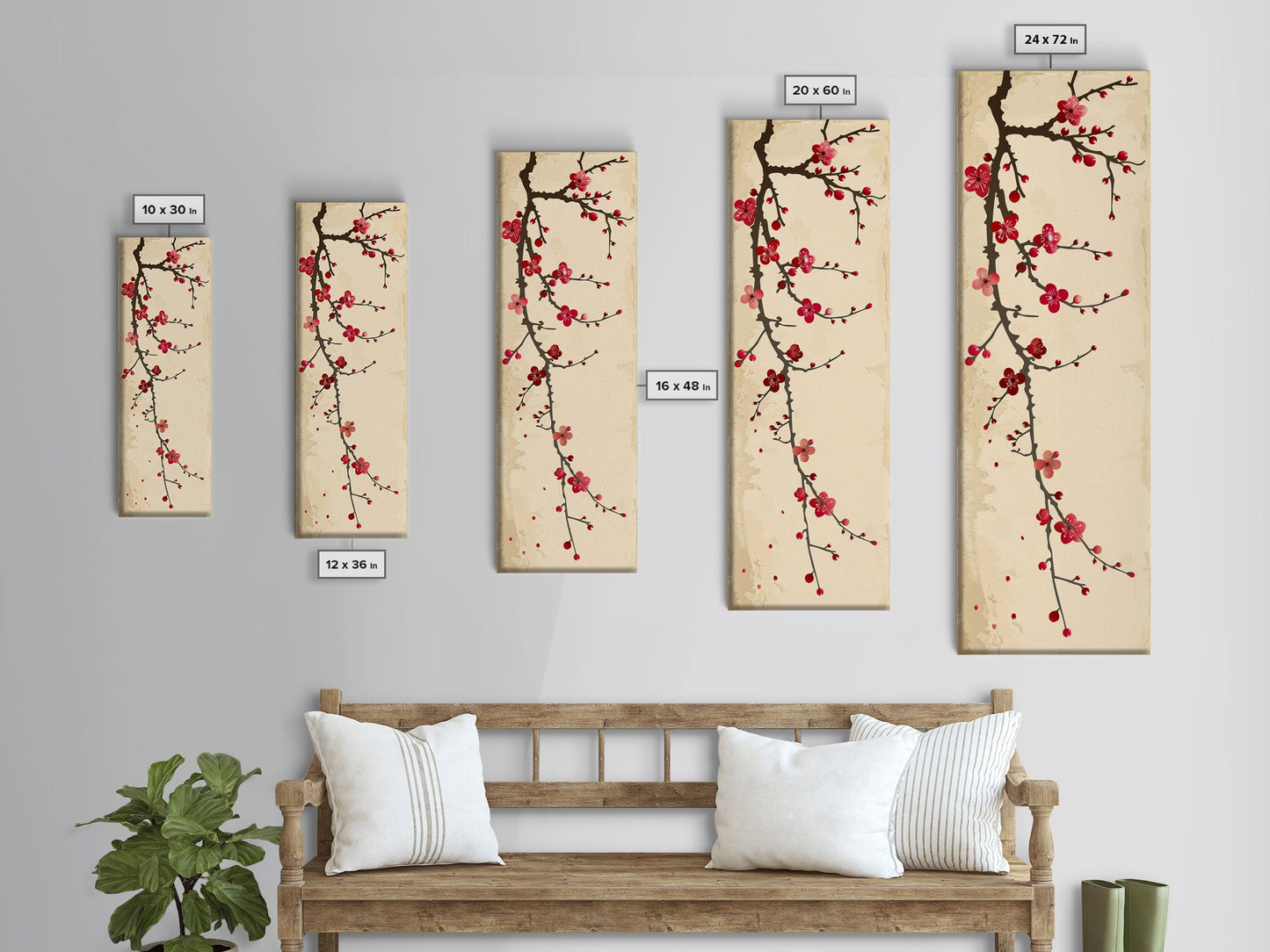 Minimalist Branch Of Red Cherry Blossoms Against Beige Background For Asian-Inspired Wall Art Decor Framed Canvas Print