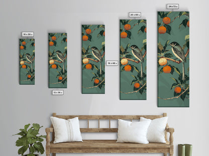 Elegant Bird Among Persimmons On A Green Canvas, Skinny Wall Art With Framed Canvas Print In Japanese Style Art For Feng Shui Decor