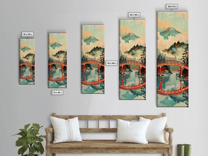 Atemberaubendes Motiv des Berges Fuji mit Spiegelung der roten Brücke, schmaler, hoher Leinwanddruck mit Rahmen, japanisches Wandbild im Feng-Shui-Stil