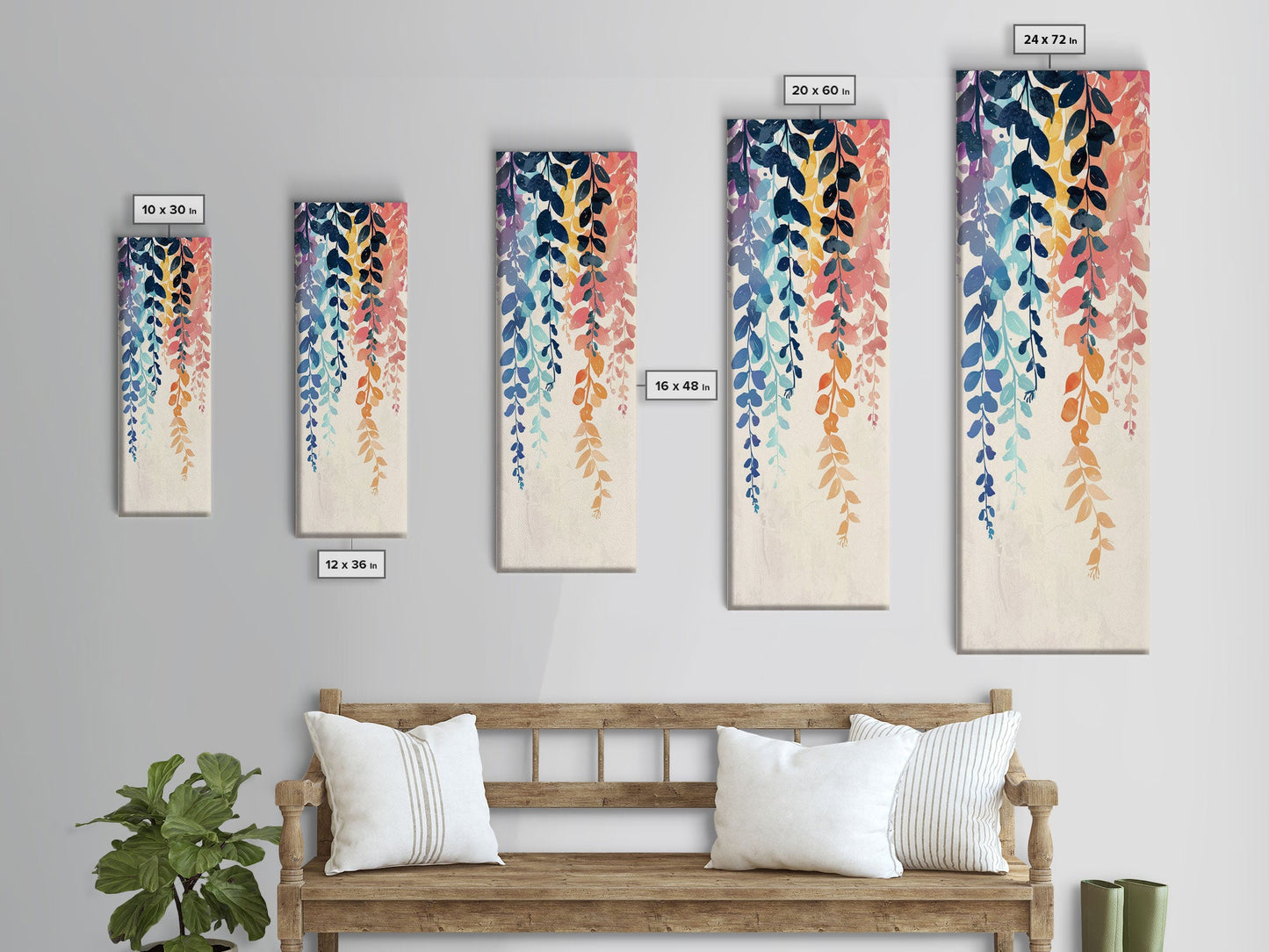 Colorful Leaves Hanging From Branches - Skinny Art Tall Art Framed Canvas Print Japanese Style Art Ukiyo-e Art