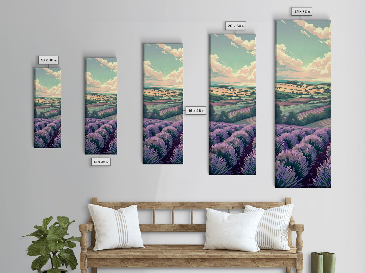 Lavender Fields With Rolling Hills - Skinny Art Tall Art Framed Canvas Print Japanese Style Art Ukiyo-e Art