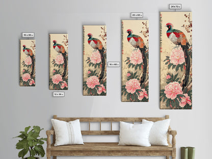 Majestic Pheasant Among Blossoms And Red Berries In Traditional Ukiyo-e Art Framed Canvas Print Japanese Style Skinny Art Tall Art