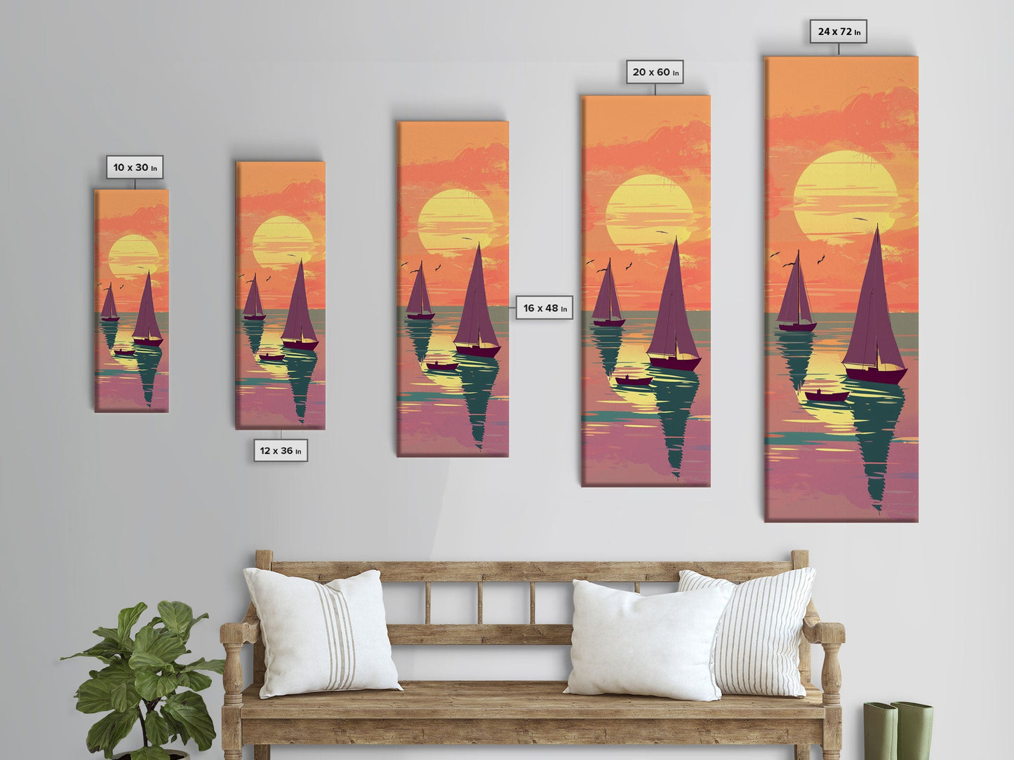 Sailing Boats In The Sunset Over Serene Waters In Japanese Style Ukiyo-e Art Framed Canvas Print Skinny Art Tall Art
