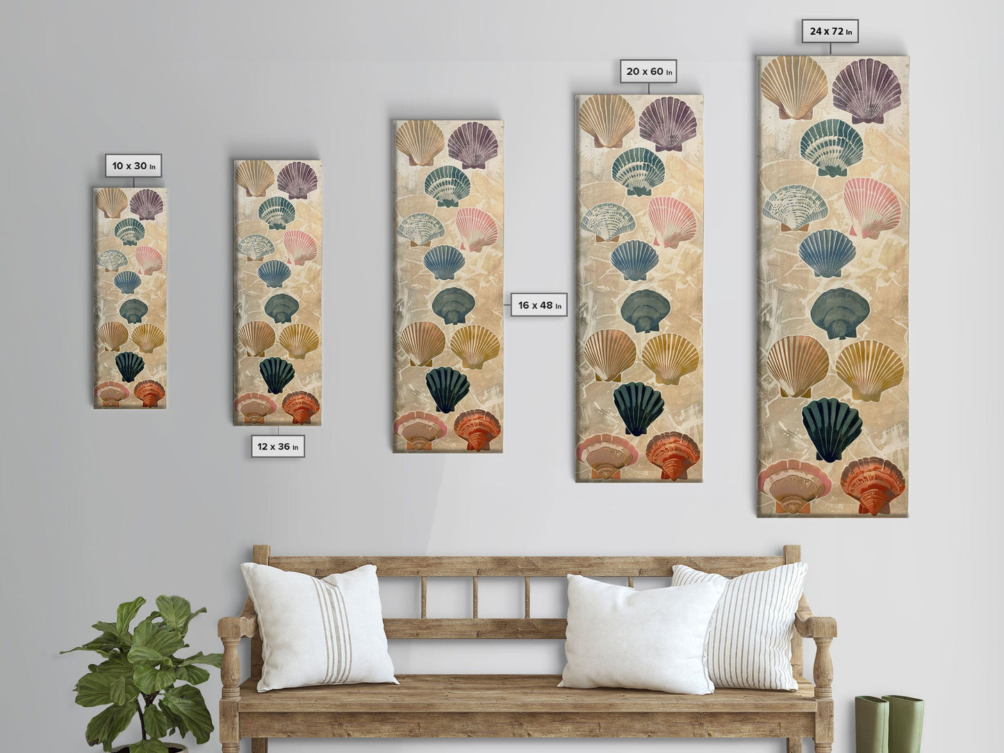 Colorful Shells On Textured Background Skinny Art Wood Block Print Japanese Style Art Framed Canvas Print Tall Art Ukiyo-e Art