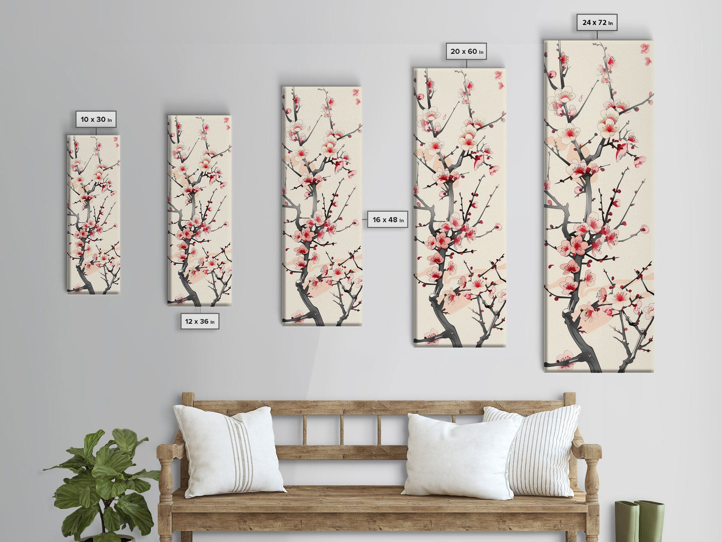 Delicate Plum Blossoms Skinny Art Tall Art Japanese Ukiyo-e Inspired Botanical Framed Canvas Print for Sophisticated Interiors