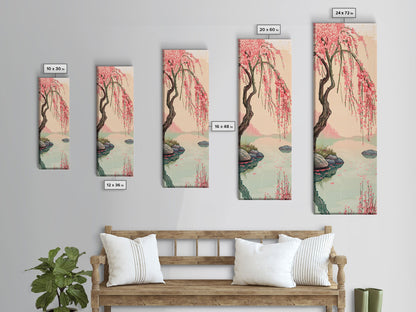 Serene Weeping Cherry Tree with Gentle Reflections in Water - Skinny Art, Japanese Wall Decor, Framed Canvas Print, Ukiyo-e Style