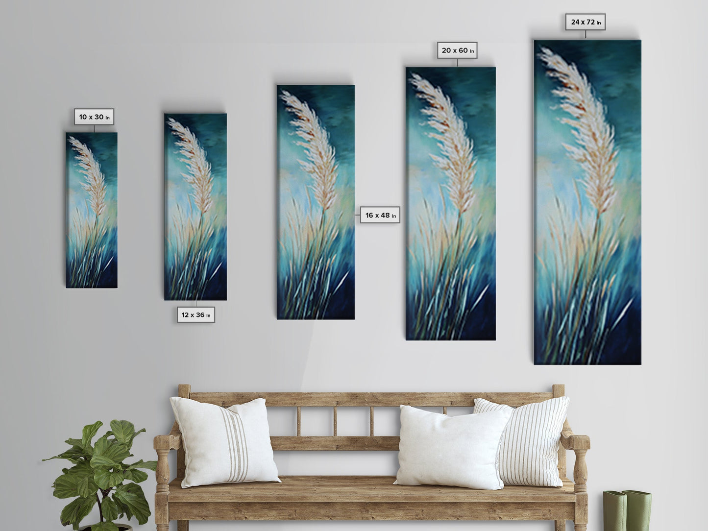 Soft Blue Pampas Grass Canvas Print botanical prints, tall narrow art, wabi sabi art, coastal decor, sage green wall art, modern farmhouse decor, extra wide art, minimalist art, bedroom art