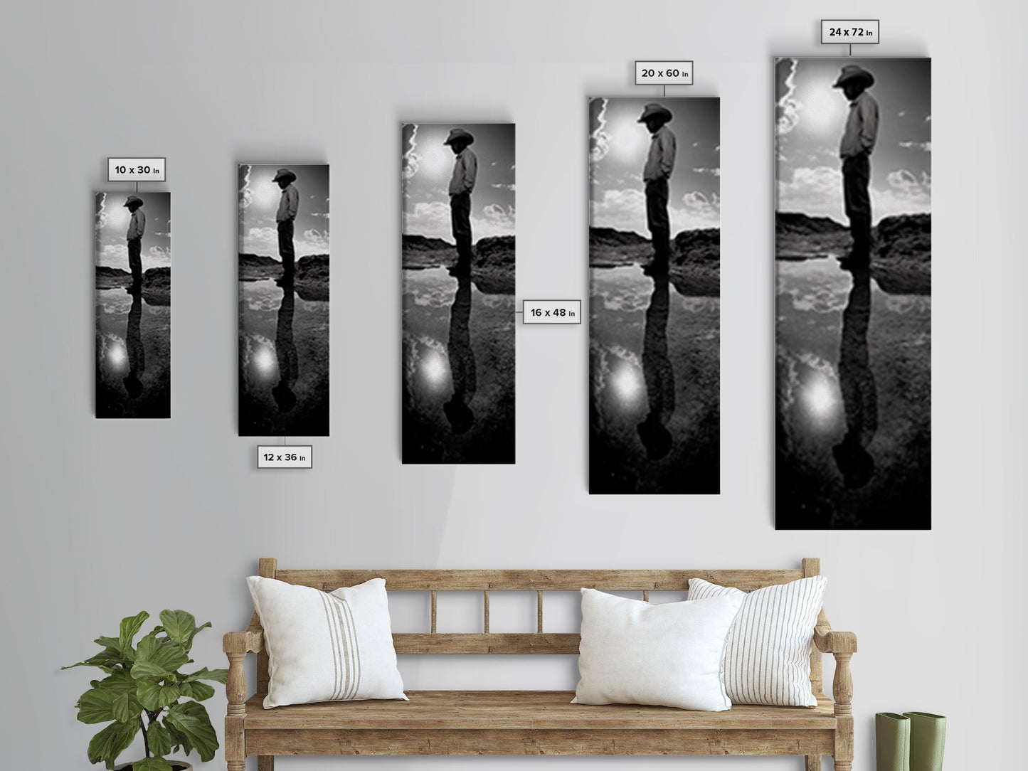 Lone Cowboy, Spiegelungsfotografie, gerahmter Leinwanddruck, rustikale Kunst, stimmungsvolle Wandkunst, extra breites Kunstwerk, Südwest-Wandkunst