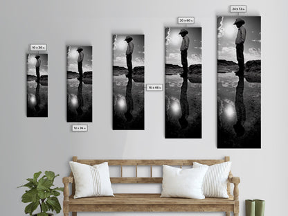 Lone Cowboy, Spiegelungsfotografie, gerahmter Leinwanddruck, rustikale Kunst, stimmungsvolle Wandkunst, extra breites Kunstwerk, Südwest-Wandkunst
