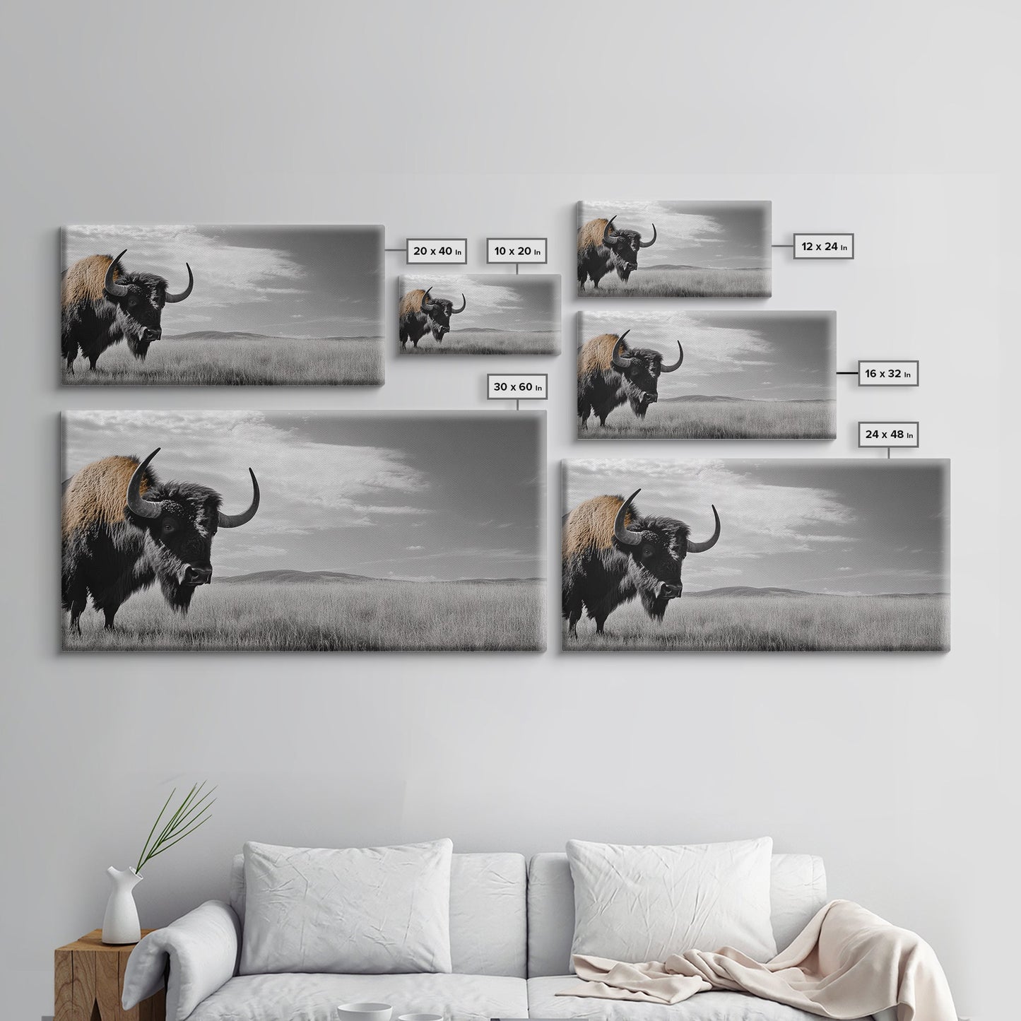 Büffel-Wandbild auf Leinwand | Rustikale Landhausdeko | Western-Landschaftskunst | Stimmungsvolles Wandbild | Extra breites Bild | Geschenk für Naturliebhaber