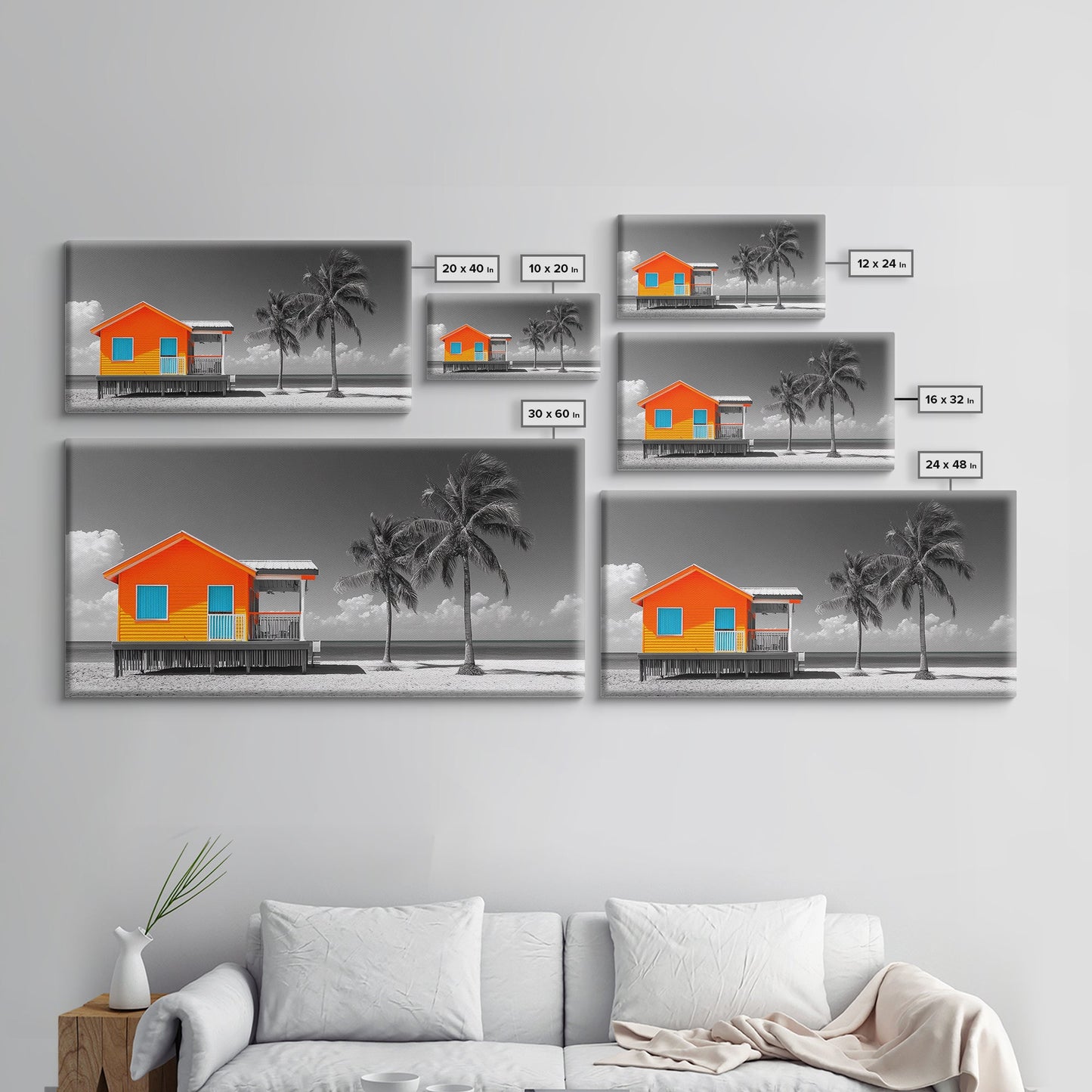 Bright Beach House Framed Canvas Print | Coastal Landscape Art | Nautical Wall Art | Coastal Decor | Extra Wide Art | Tropical Beach Art