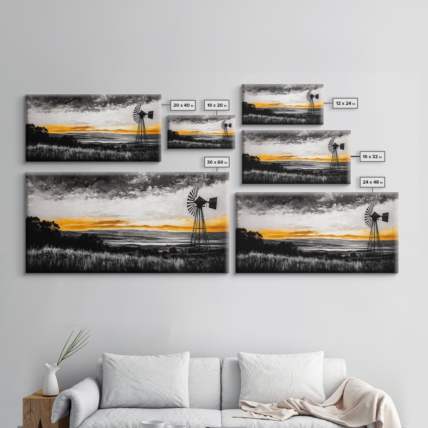 Windmill Sunset, windmill wall art, rustic decor, farmhouse art, landscape painting, extra wide art, framed canvas print, panoramic art