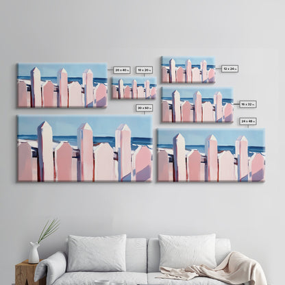 Beach Fence Painting, Coastal Landscape Art, Nautical Wall Decor, Soft Pastel Colors, Framed Canvas Print, Extra Wide Art, Seaside Home