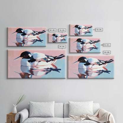 Waterfowl Reflection, bird art, lake Tahoe art, coastal painting, wildlife decor, pink orange wall art, framed canvas print