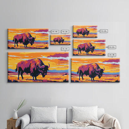 Bison Prairie, rustic art, southwest wall art, landscape painting, extra wide art, panoramic painting, farmhouse art, Framed Canvas Print
