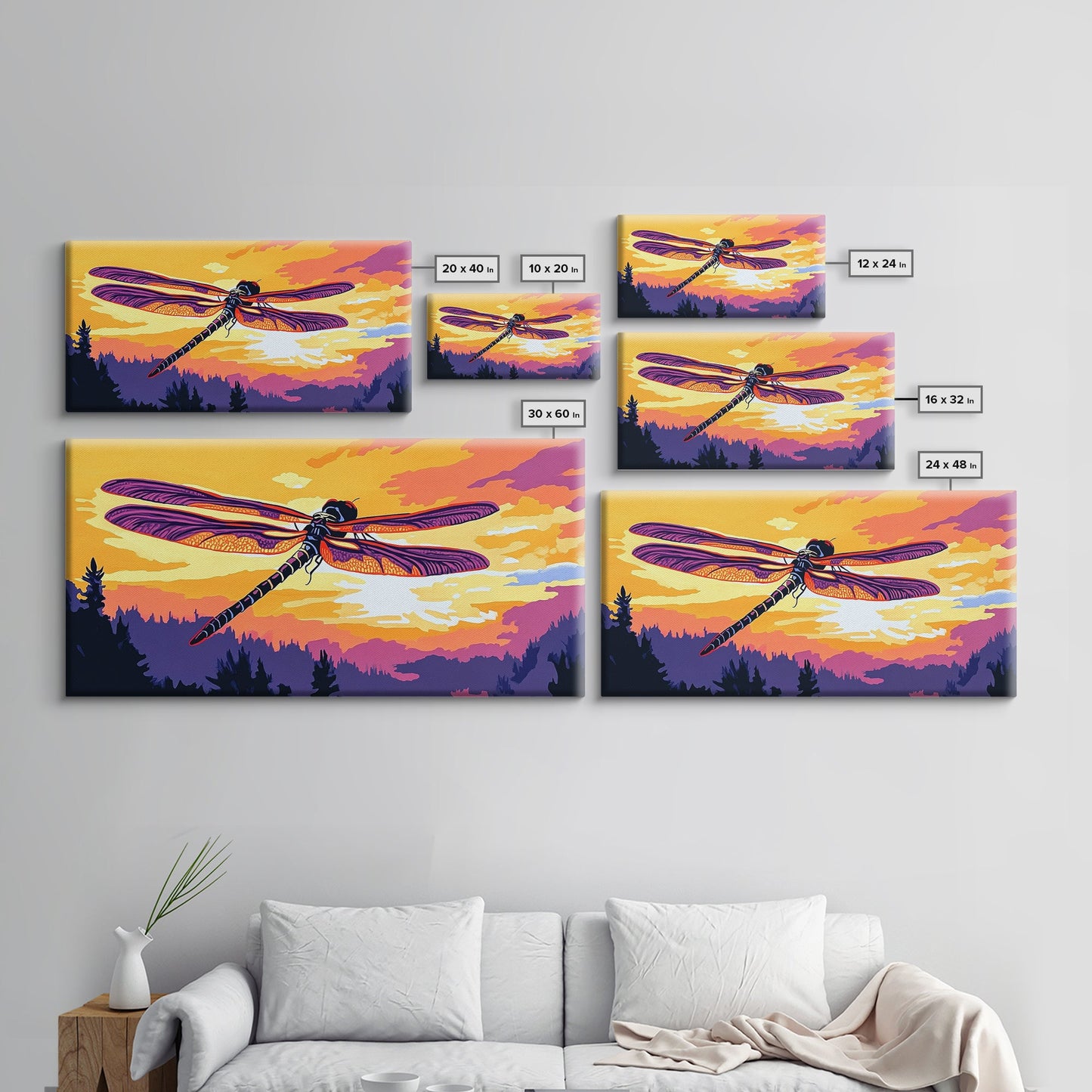 Dragonfly Glow, whimsical art, nature painting, wildflower painting, botanical prints, pink orange wall art, framed canvas print