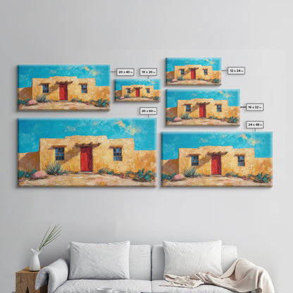 Pueblo Village, Moon Oil Painting, Southwest Wall Art, Rustic Landscape, Moody Art, Extra Wide Art, Desert Scene, Framed Canvas Print