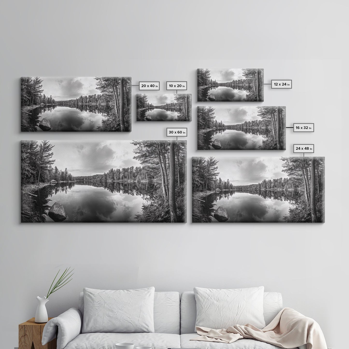 Lake reflection, pine tree art, landscape painting, wabi sabi art, rustic decor, panoramic painting, extra wide art, framed canvas print