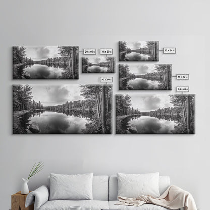 Lake reflection, pine tree art, landscape painting, wabi sabi art, rustic decor, panoramic painting, extra wide art, framed canvas print
