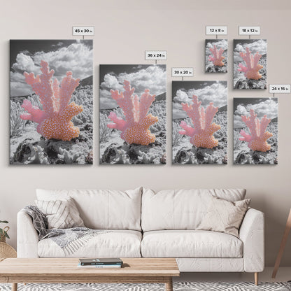 Ocean coral, coastal decor, nautical painting, framed canvas print, marine life art, whimsical ocean scene, tropical beach house wall art