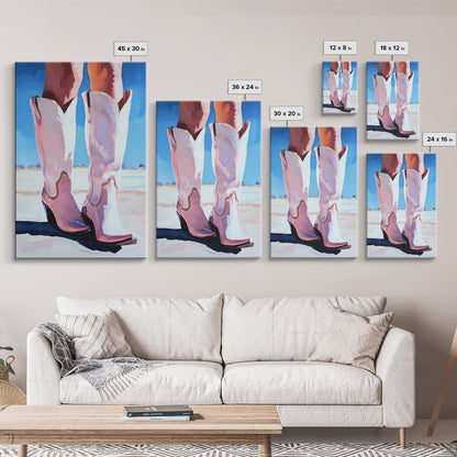 Cowgirl Boots, coastal cowgirl wall art, pink abstract art, rustic art, fashion painting, boho art, framed canvas print, gift idea
