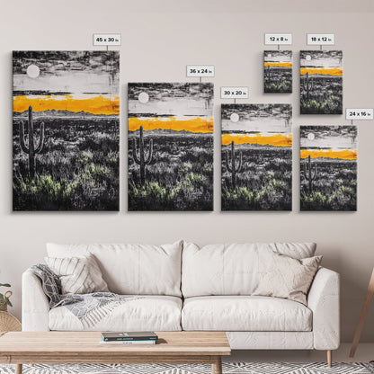 Cactus Sunset, black and white, moody desert art, yellow skyline, Joshua tree art, framed canvas print, extra wide art, rustic decor