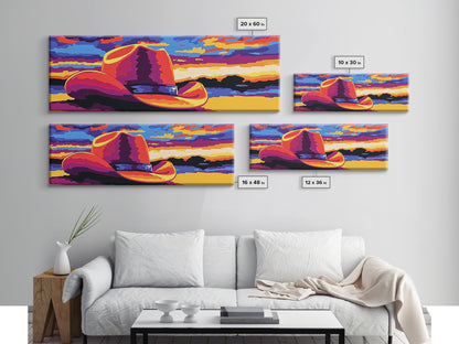 Western Sunset Art, cowboy hat painting, rustic wall art, southwest wall art, extra wide art, framed canvas print, panoramic painting