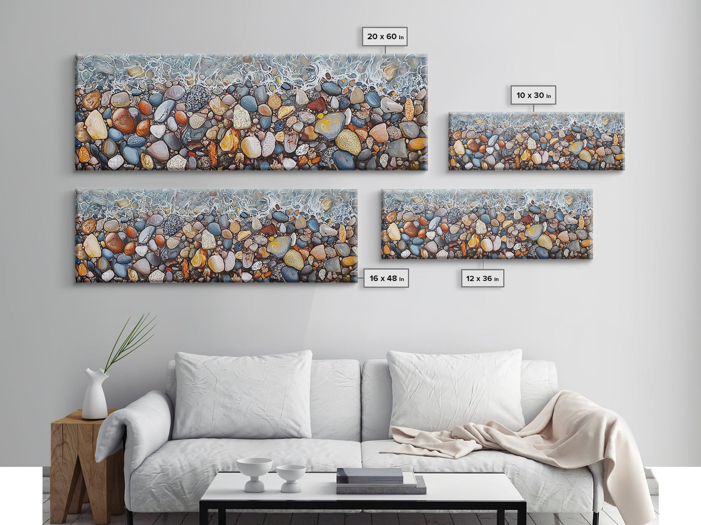 Coastal decor, ocean pebble art, beach rock painting, nautical wall art, seascape painting, long narrow wall art, canvas print