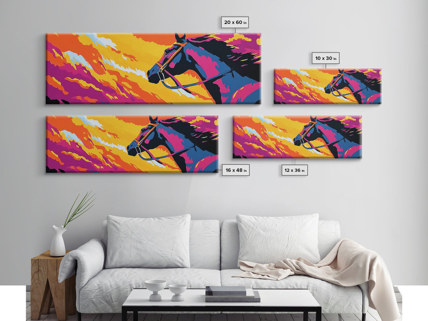 Horse silhouette, sunset, pink orange wall art, colorful equestrian, western art, extra wide art, framed canvas print, panoramic painting