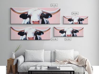Black and White Cow Art, Light Pink Wall Art, Southwest Wall Art, Coastal Cowgirl Wall Art, Framed Canvas Print, Rustic Decor